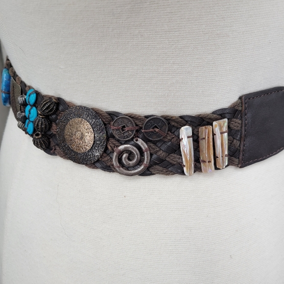 Boho Belt with Faux Turquoise Stones Shells Metal and Beading Women's Hip Belt - Picture 7 of 13
